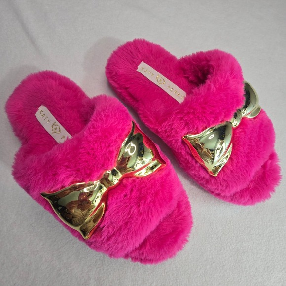 Katy Perry Shoes - Katy Perry Fuzzy Gold Bow Slide Slippers Hot Pink Cozy Glam Womens Medium (8-9)